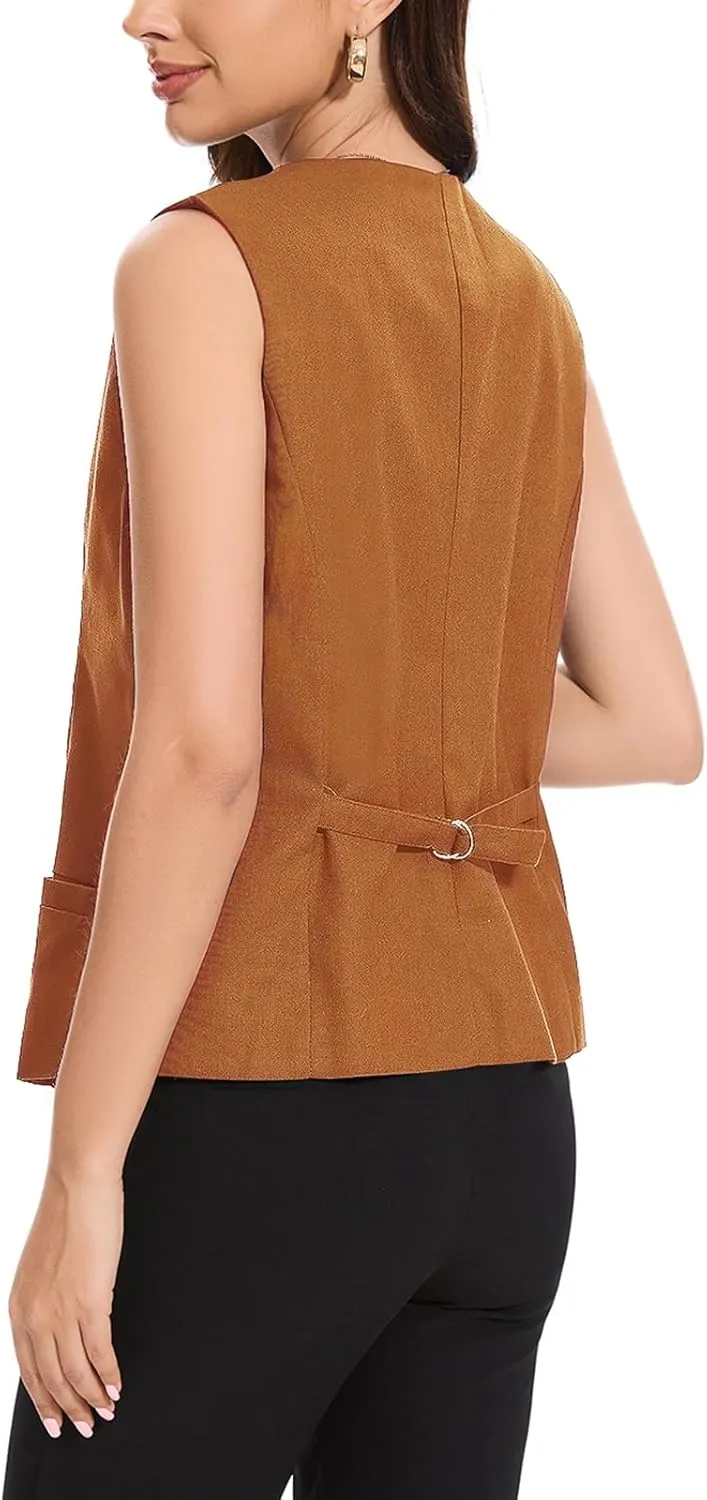 Womens Linen Vest Lightweight V Neck Pocket 2025 Work Casual Button Cropped Sleeveless Jacket Summer Vests Waistcoat