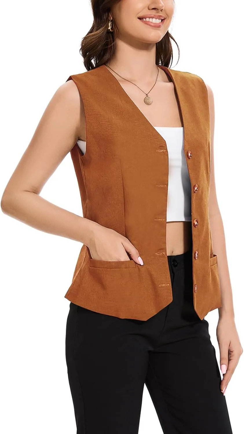 Womens Linen Vest Lightweight V Neck Pocket 2025 Work Casual Button Cropped Sleeveless Jacket Summer Vests Waistcoat