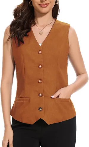 Womens Linen Vest Lightweight V Neck Pocket 2025 Work Casual Button Cropped Sleeveless Jacket Summer Vests Waistcoat