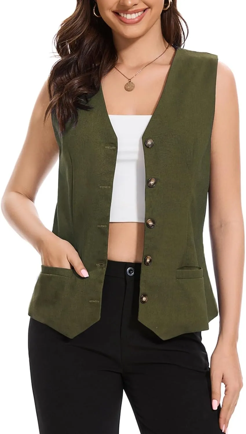 Womens Linen Vest Waistcoat Lightweight V Neck 2025 Work Button Sleeveless Jacket Cotton Summer Vest Tops