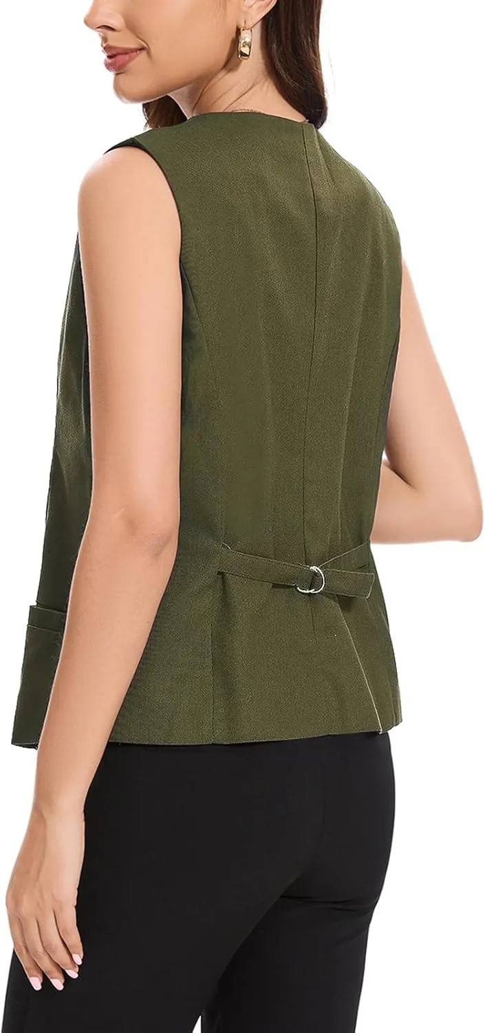 Womens Linen Vest Waistcoat Lightweight V Neck 2025 Work Button Sleeveless Jacket Cotton Summer Vest Tops