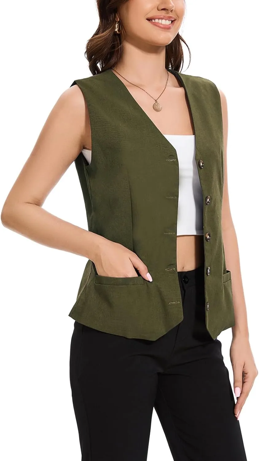 Womens Linen Vest Waistcoat Lightweight V Neck 2025 Work Button Sleeveless Jacket Cotton Summer Vest Tops