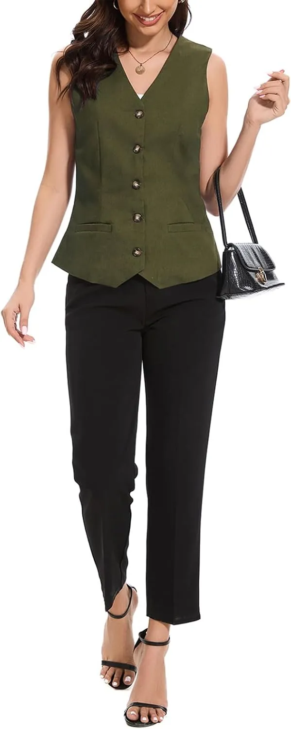 Womens Linen Vest Waistcoat Lightweight V Neck 2025 Work Button Sleeveless Jacket Cotton Summer Vest Tops