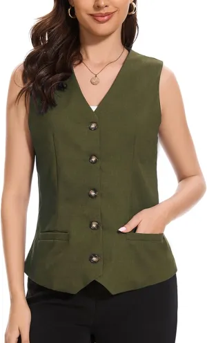 Womens Linen Vest Waistcoat Lightweight V Neck 2025 Work Button Sleeveless Jacket Cotton Summer Vest Tops