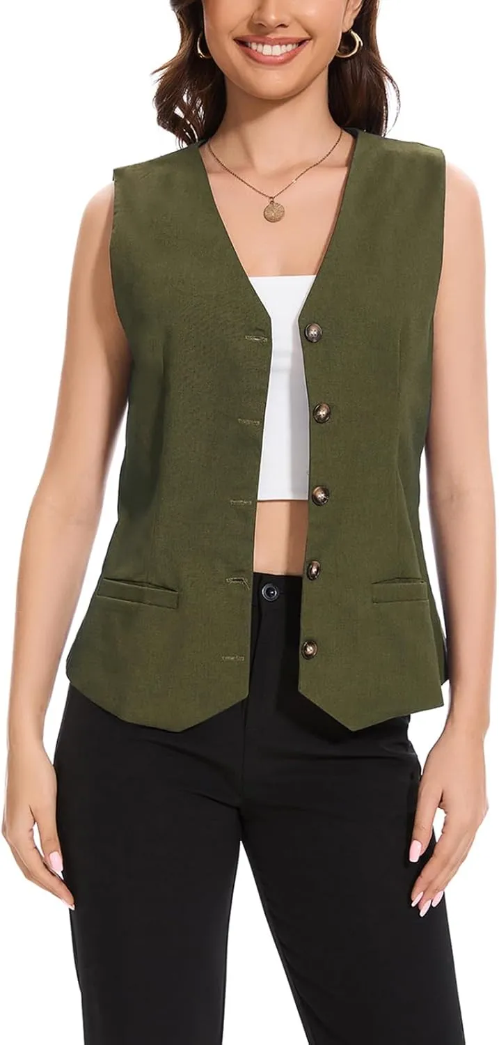 Womens Linen Vest Waistcoat Lightweight V Neck 2025 Work Button Sleeveless Jacket Cotton Summer Vest Tops