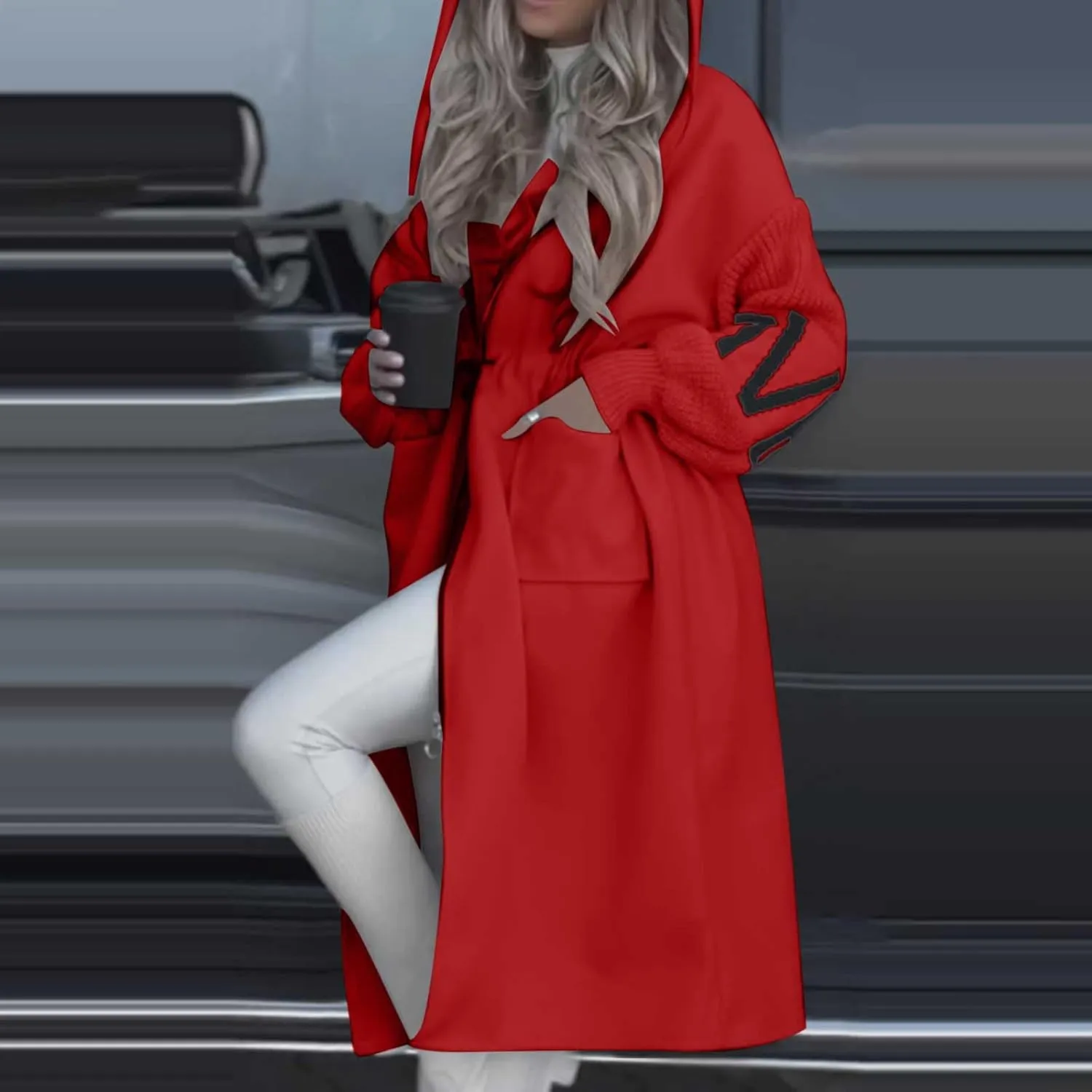 Womens Long Hoodie Coat Knee Length Oversized Zip Up Sweatshirt Jackets Winter Waist Drawstring Fleece Hooded Coat