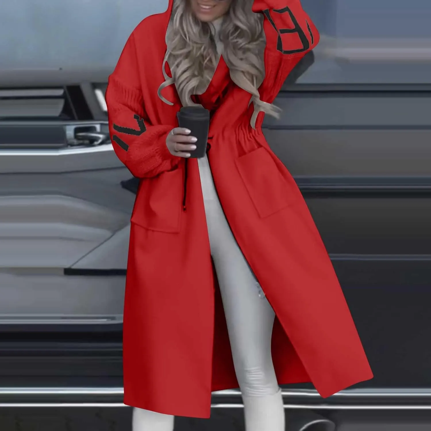 Womens Long Hoodie Coat Knee Length Oversized Zip Up Sweatshirt Jackets Winter Waist Drawstring Fleece Hooded Coat