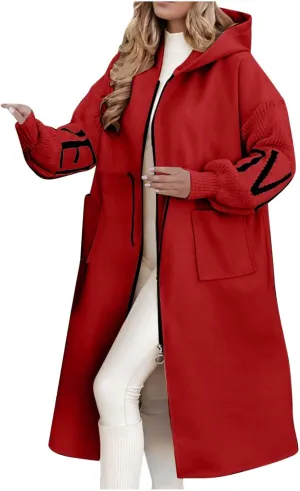 Womens Long Hoodie Coat Knee Length Oversized Zip Up Sweatshirt Jackets Winter Waist Drawstring Fleece Hooded Coat