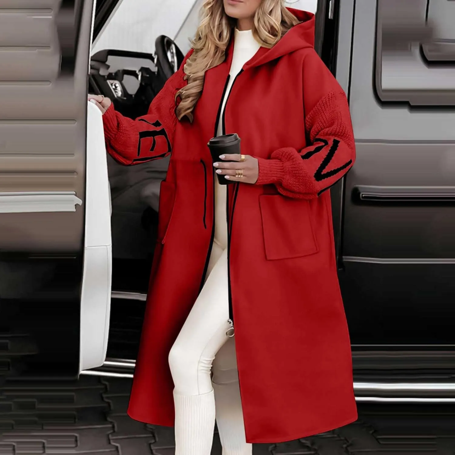 Womens Long Hoodie Coat Knee Length Oversized Zip Up Sweatshirt Jackets Winter Waist Drawstring Fleece Hooded Coat