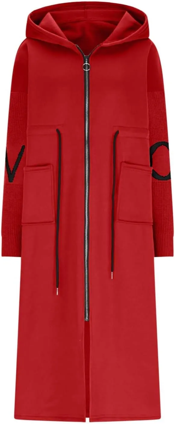 Womens Long Hoodie Coat Knee Length Oversized Zip Up Sweatshirt Jackets Winter Waist Drawstring Fleece Hooded Coat
