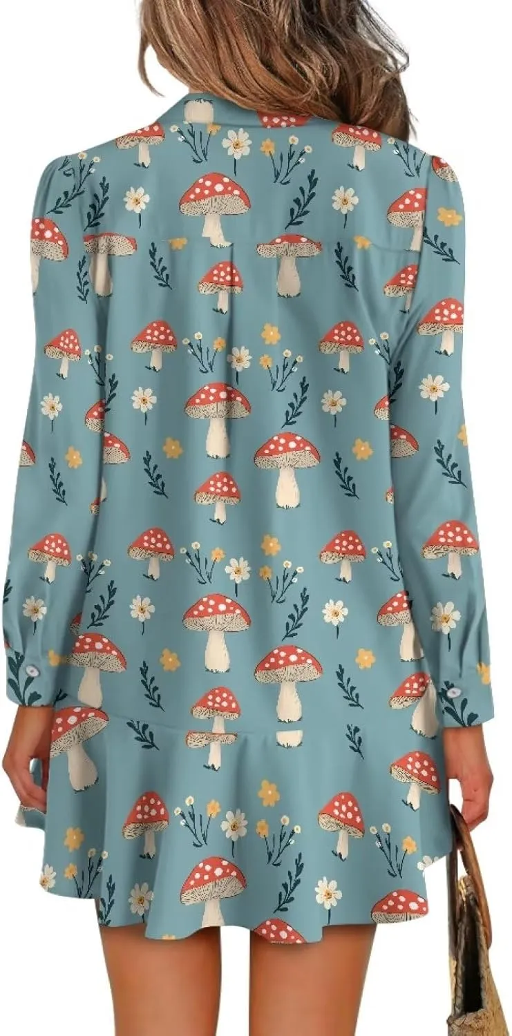 Women's Long Sleeve Button Down Shirts Dress Loose Casual Tunic Dresses with Pockets Ruffle Swing Shift Dresses