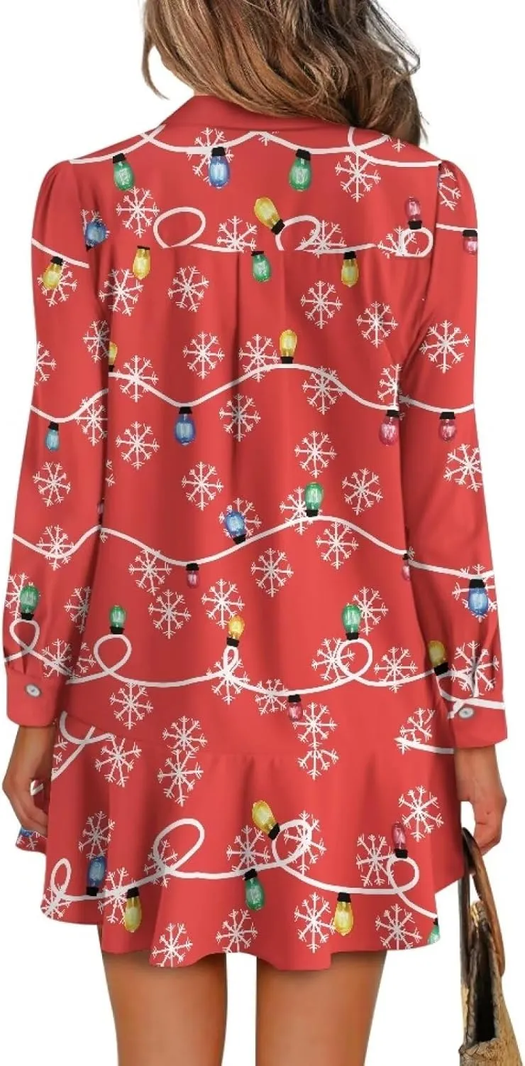 Women's Long Sleeve Button Down Shirts Dress Loose Casual Tunic Dresses with Pockets Ruffle Swing Shift Dresses