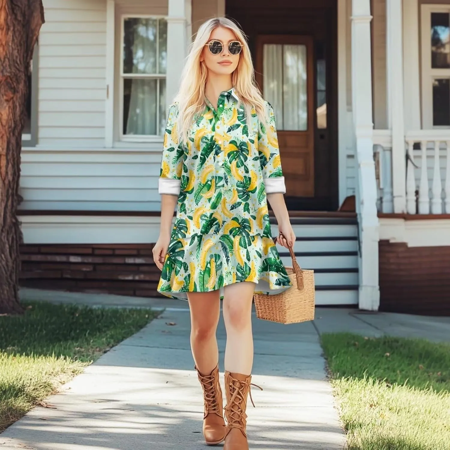 Women's Long Sleeve Button Down Shirts Dress Loose Casual Tunic Dresses with Pockets Ruffle Swing Shift Dresses