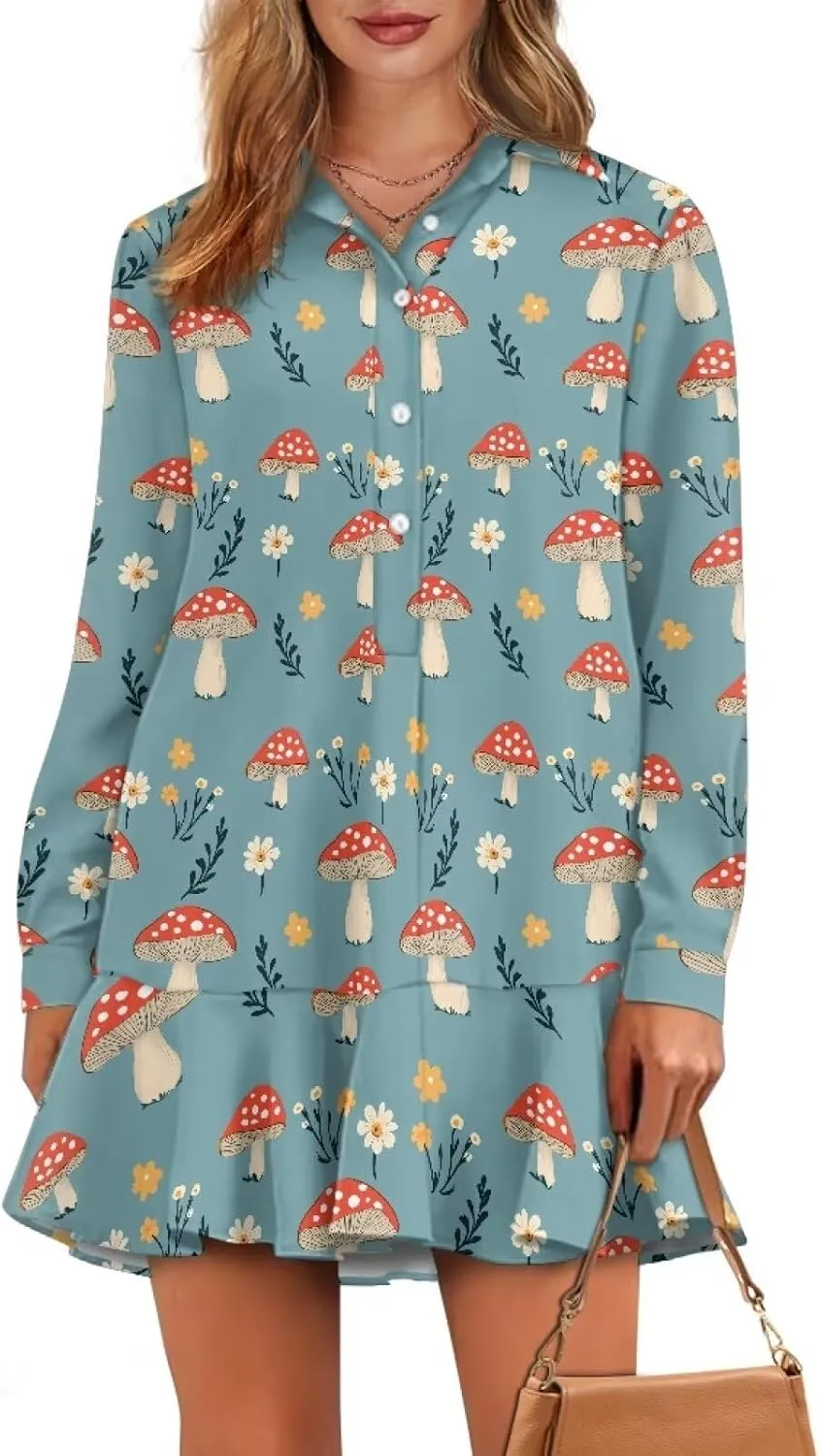 Women's Long Sleeve Button Down Shirts Dress Loose Casual Tunic Dresses with Pockets Ruffle Swing Shift Dresses