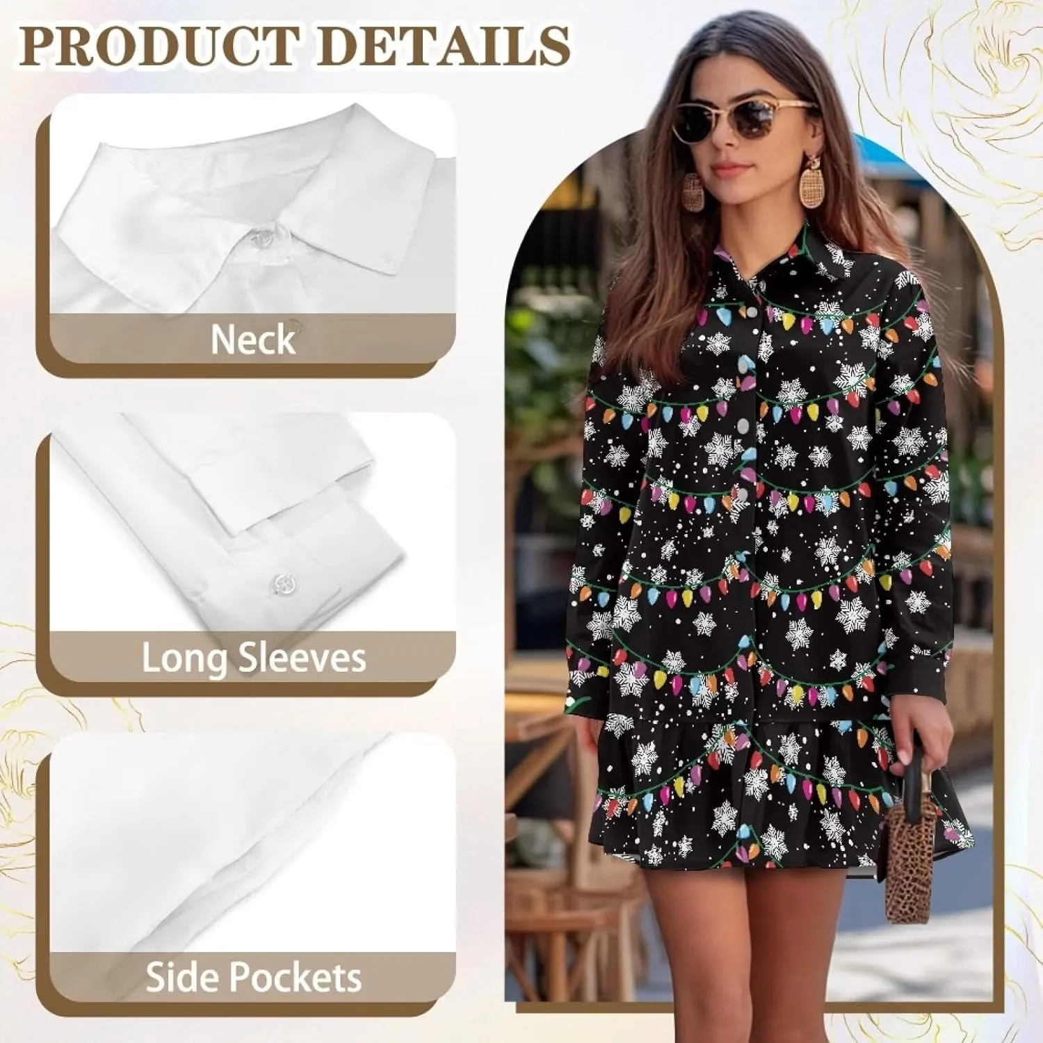 Women's Long Sleeve Button Down Shirts Dress Loose Casual Tunic Dresses with Pockets Ruffle Swing Shift Dresses