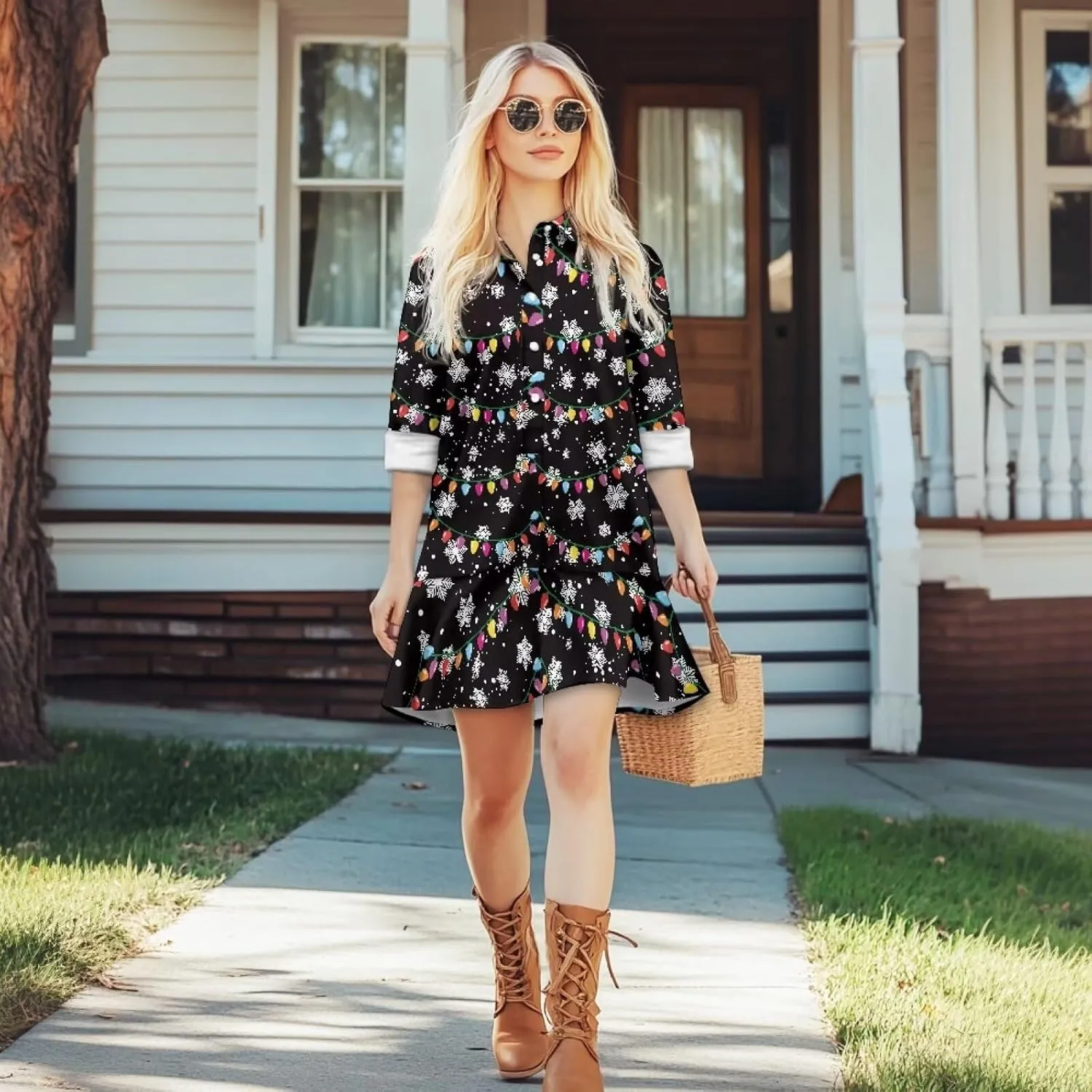 Women's Long Sleeve Button Down Shirts Dress Loose Casual Tunic Dresses with Pockets Ruffle Swing Shift Dresses
