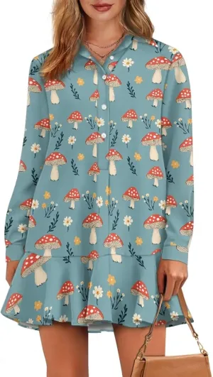 Women's Long Sleeve Button Down Shirts Dress Loose Casual Tunic Dresses with Pockets Ruffle Swing Shift Dresses
