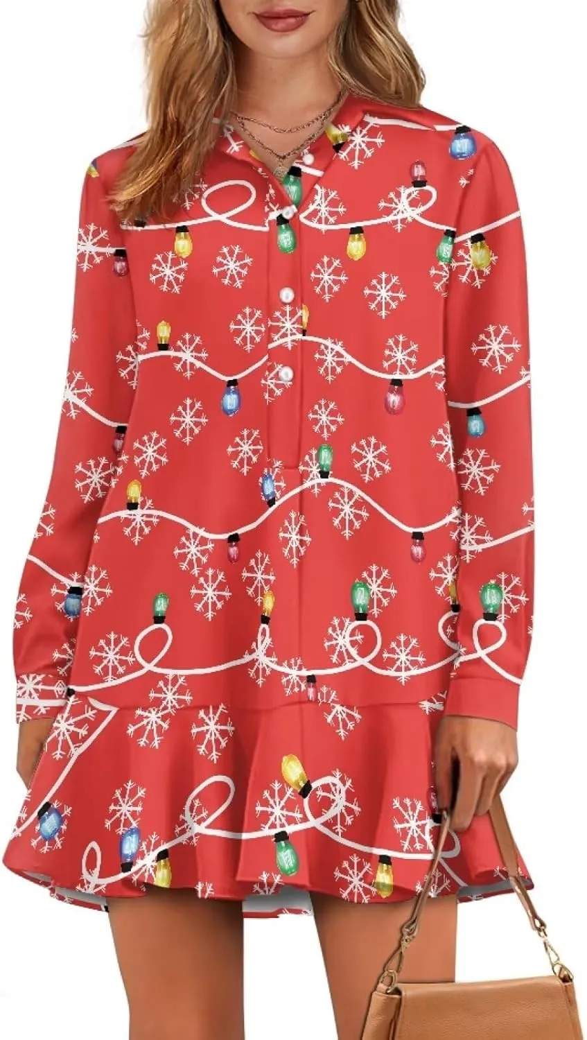 Women's Long Sleeve Button Down Shirts Dress Loose Casual Tunic Dresses with Pockets Ruffle Swing Shift Dresses