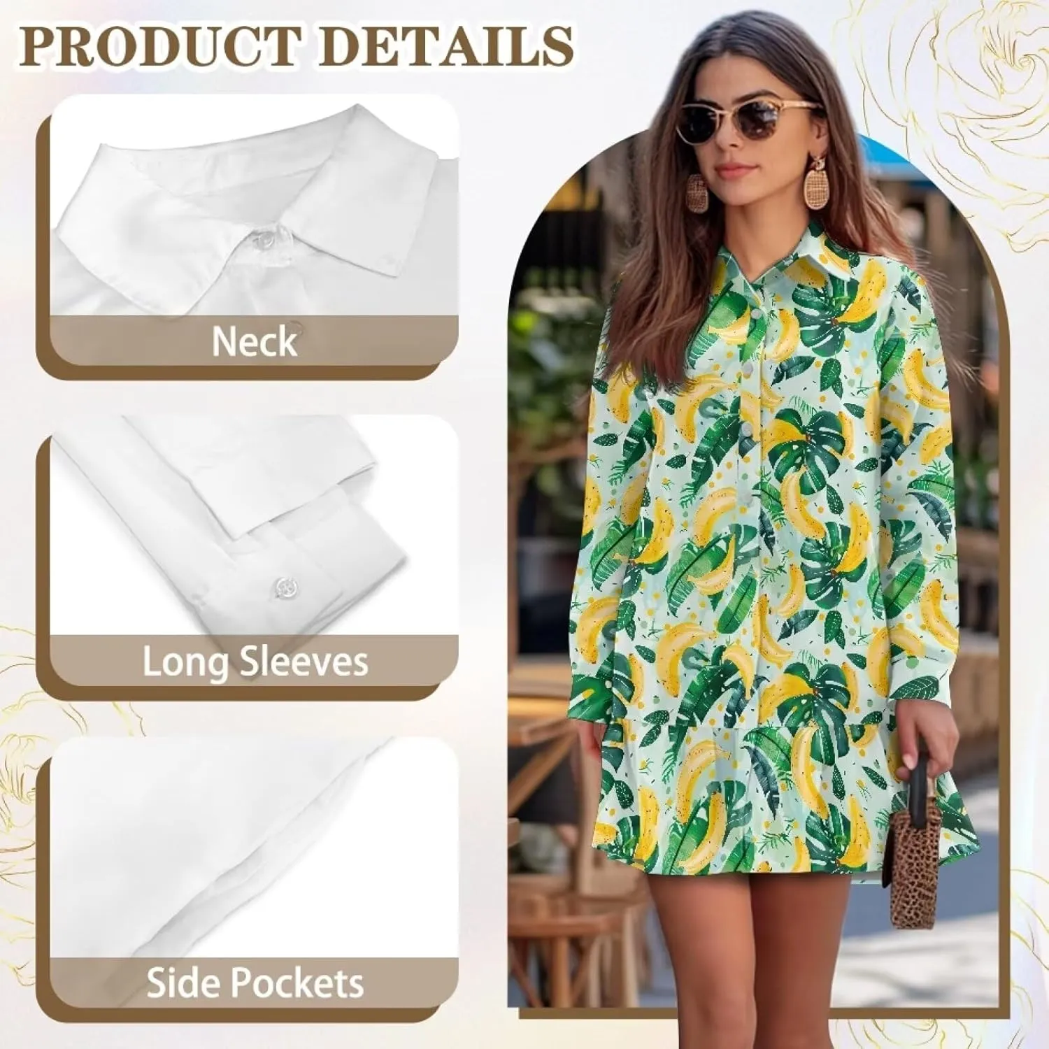 Women's Long Sleeve Button Down Shirts Dress Loose Casual Tunic Dresses with Pockets Ruffle Swing Shift Dresses