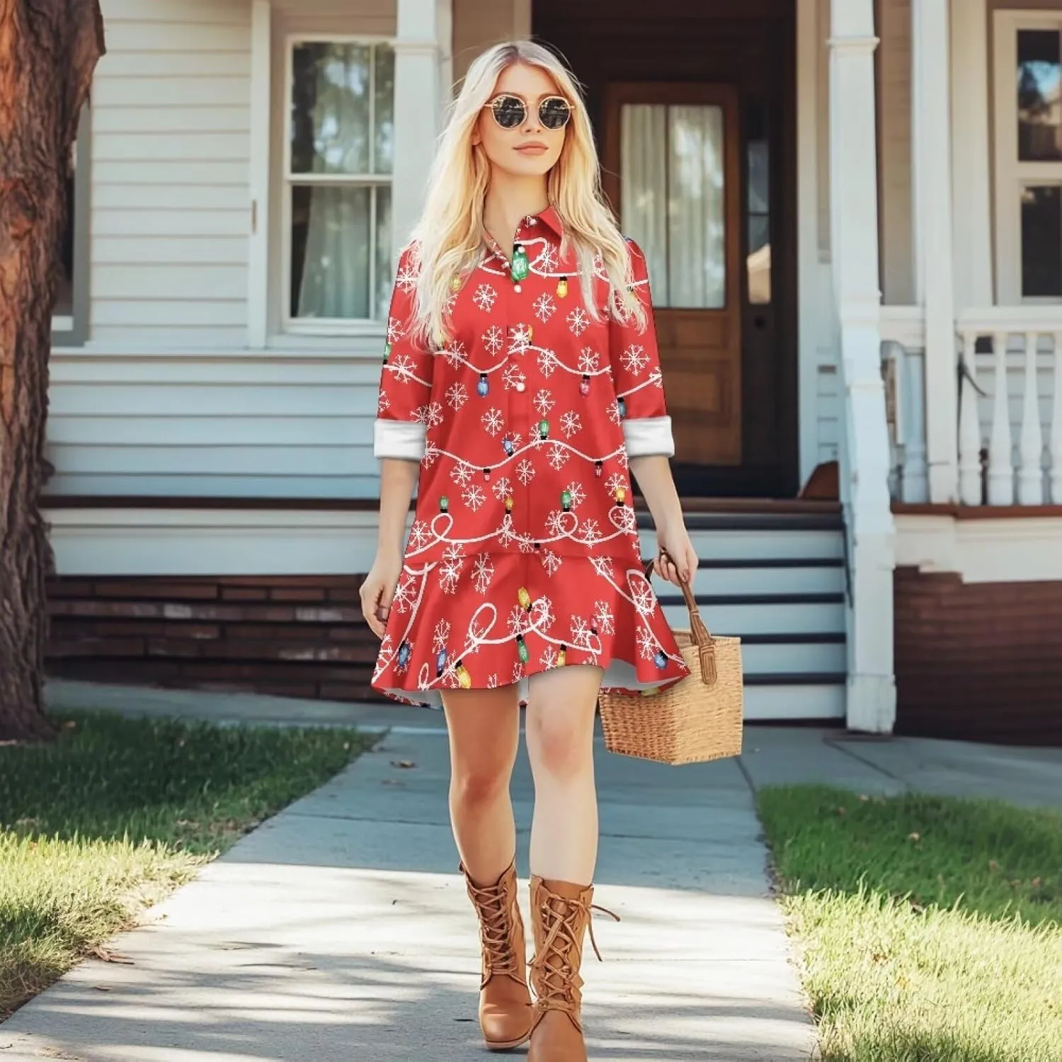 Women's Long Sleeve Button Down Shirts Dress Loose Casual Tunic Dresses with Pockets Ruffle Swing Shift Dresses
