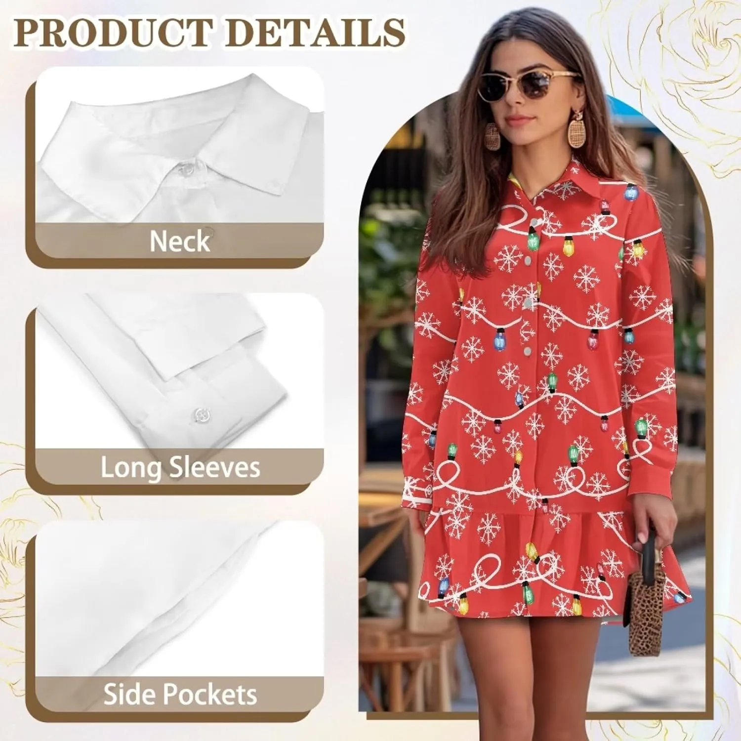Women's Long Sleeve Button Down Shirts Dress Loose Casual Tunic Dresses with Pockets Ruffle Swing Shift Dresses
