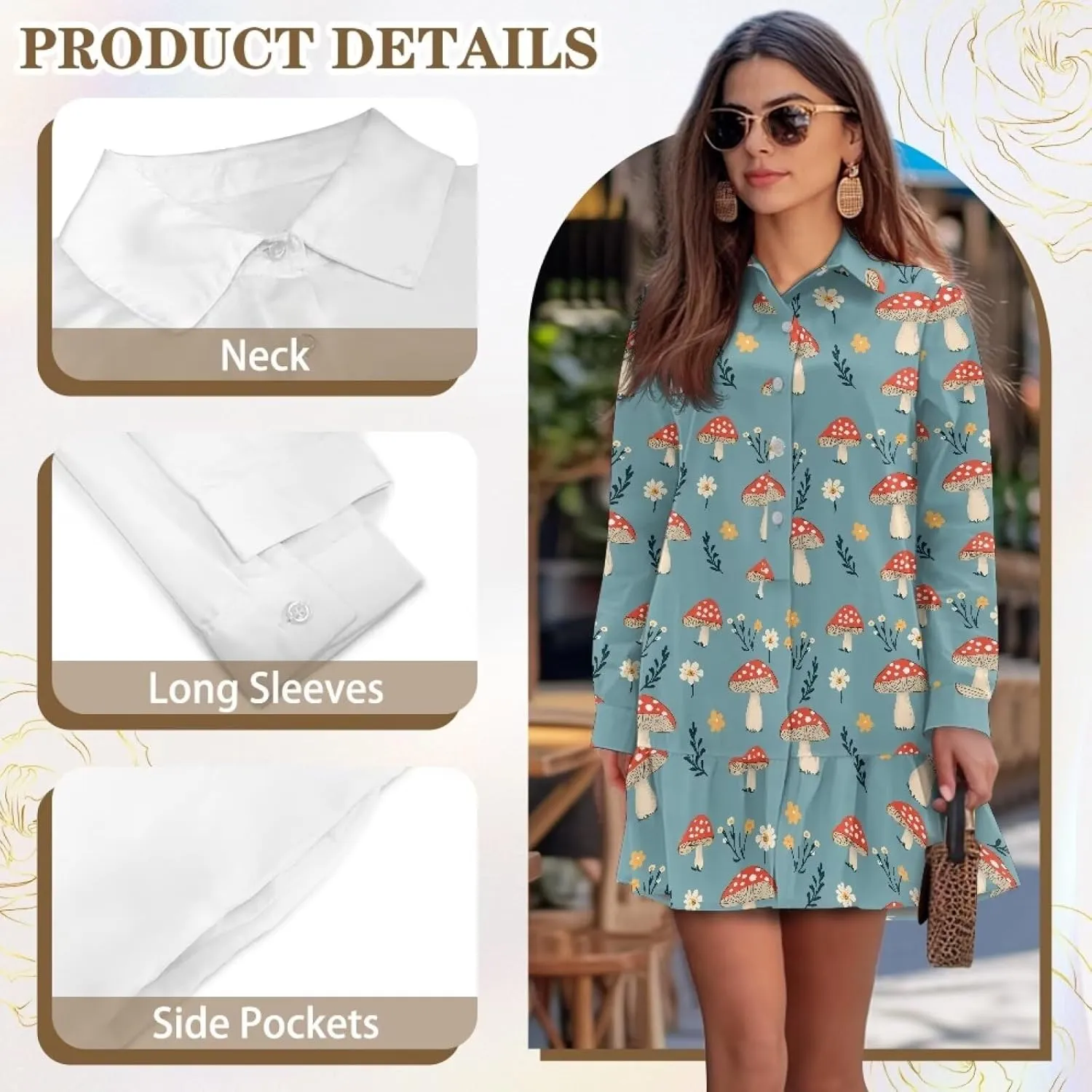 Women's Long Sleeve Button Down Shirts Dress Loose Casual Tunic Dresses with Pockets Ruffle Swing Shift Dresses