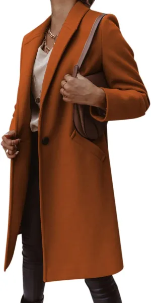 Womens Notch Lapel Cotton Blend Coat Winter Open Front Single Breasted Mid-Long Business Casual Blazers with Pockets