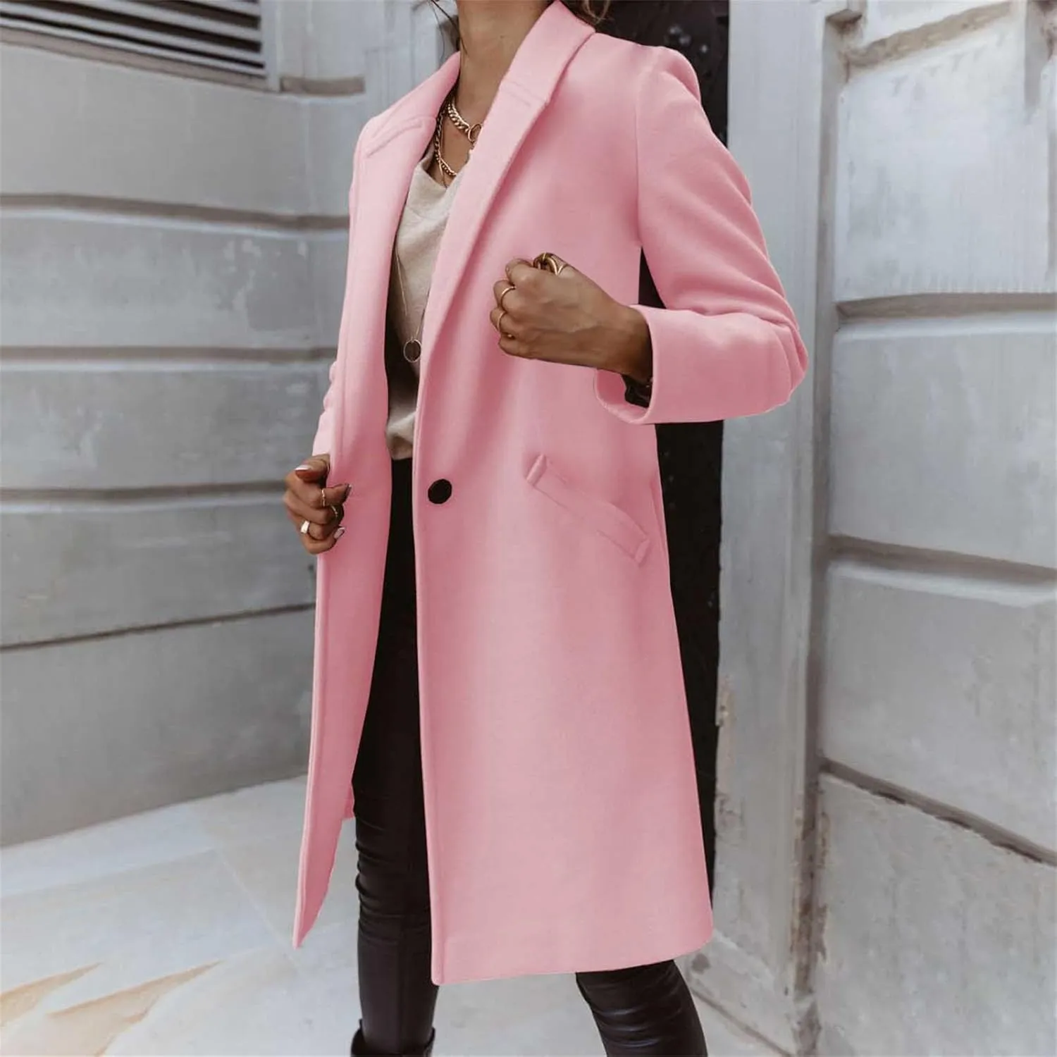 Womens Notch Lapel Cotton Blend Coat Winter Open Front Single Breasted Mid-Long Business Casual Blazers with Pockets