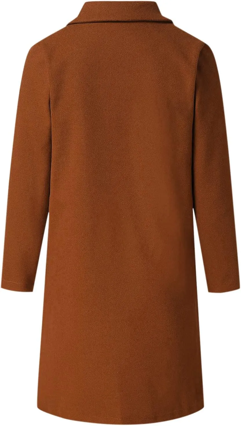 Womens Notch Lapel Cotton Blend Coat Winter Open Front Single Breasted Mid-Long Business Casual Blazers with Pockets