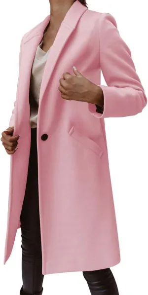Womens Notch Lapel Cotton Blend Coat Winter Open Front Single Breasted Mid-Long Business Casual Blazers with Pockets