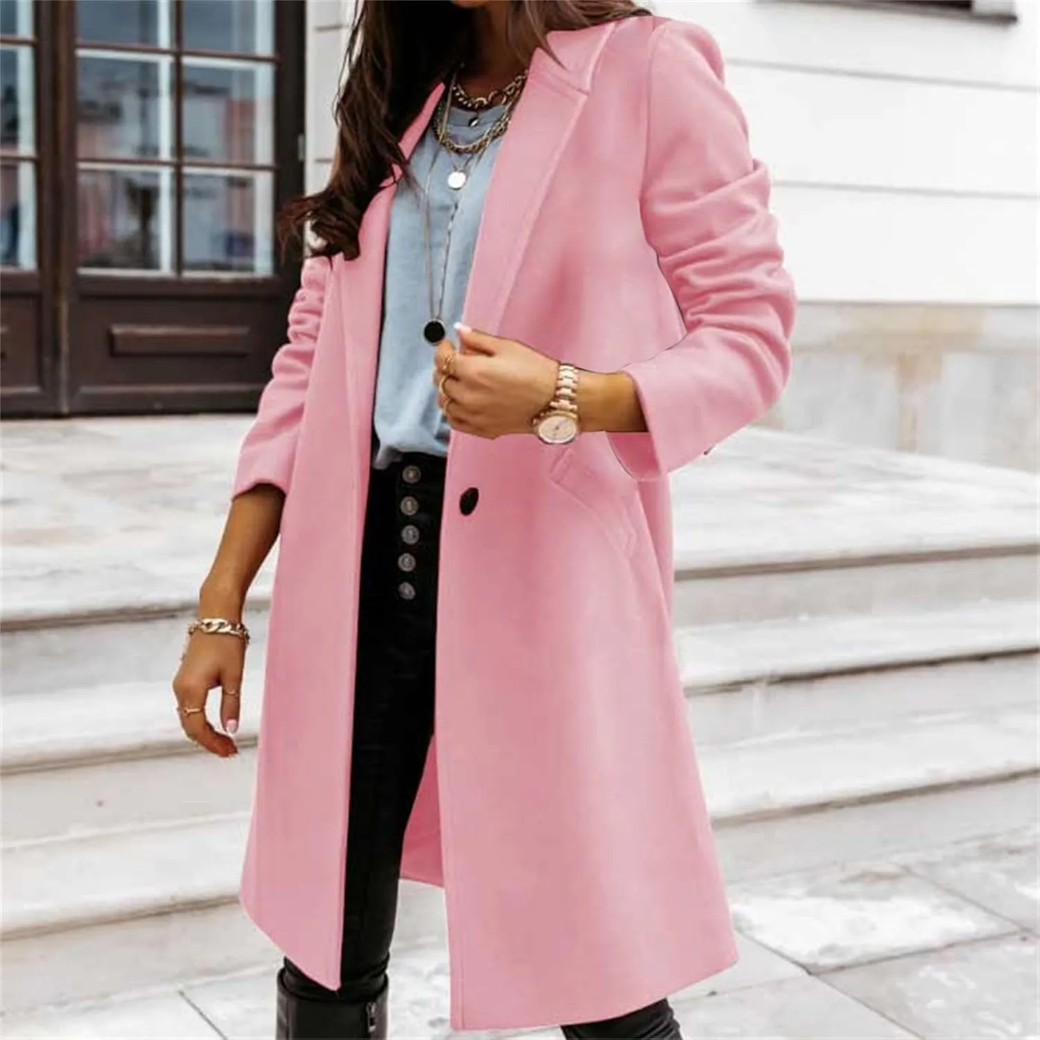 Womens Notch Lapel Cotton Blend Coat Winter Open Front Single Breasted Mid-Long Business Casual Blazers with Pockets