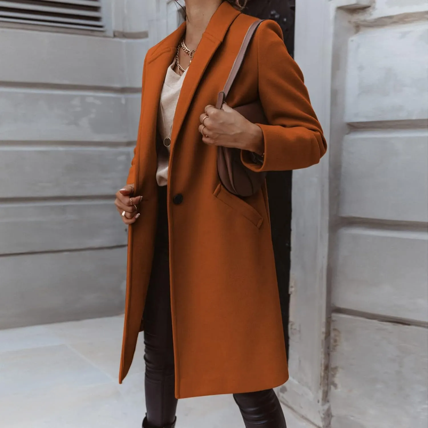 Womens Notch Lapel Cotton Blend Coat Winter Open Front Single Breasted Mid-Long Business Casual Blazers with Pockets