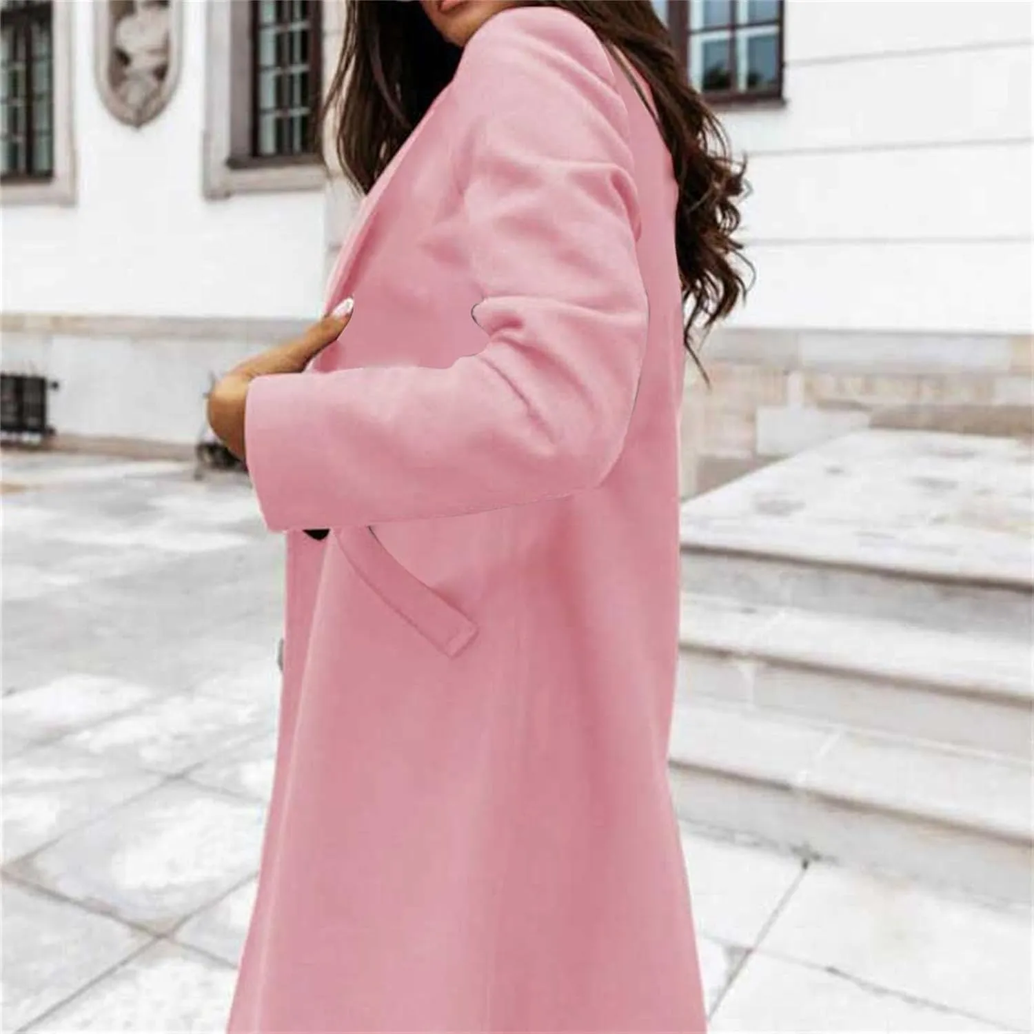 Womens Notch Lapel Cotton Blend Coat Winter Open Front Single Breasted Mid-Long Business Casual Blazers with Pockets