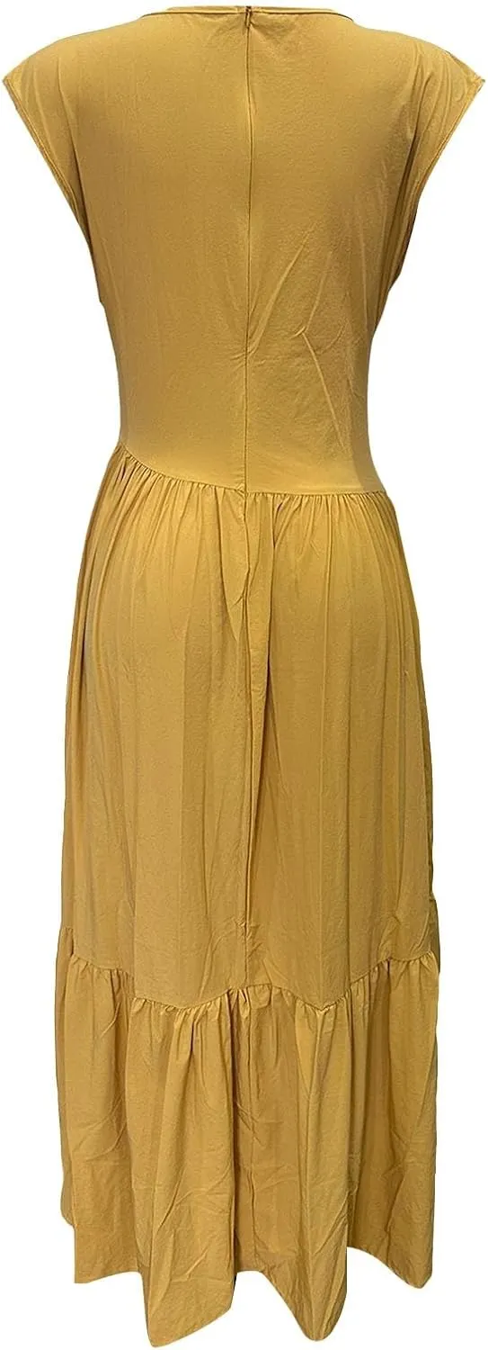 Womens Solid Round Neck Long Sleeved Patchwork Long Skirt is Fashionable and Womens Dresses with Short Sleeves