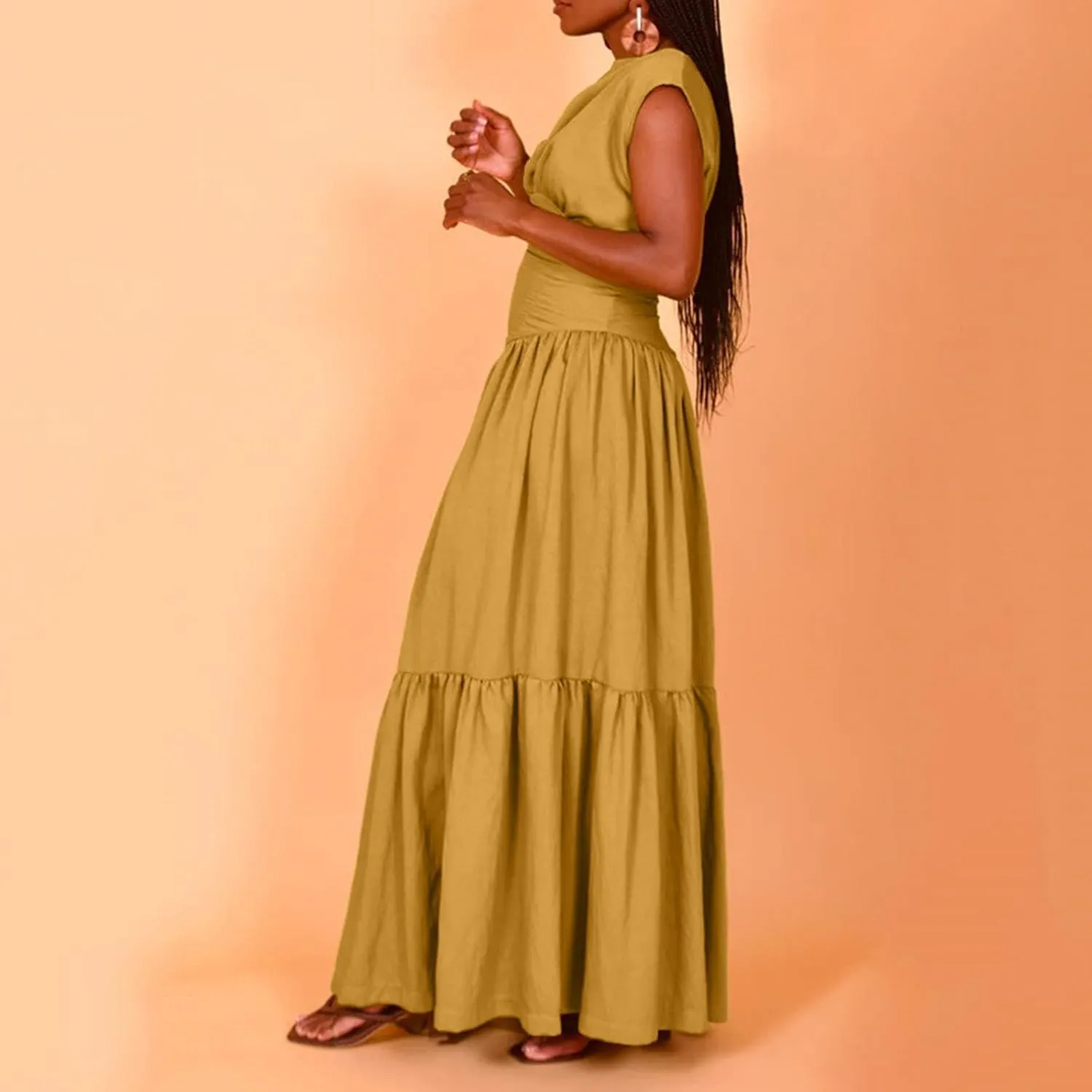 Womens Solid Round Neck Long Sleeved Patchwork Long Skirt is Fashionable and Womens Dresses with Short Sleeves