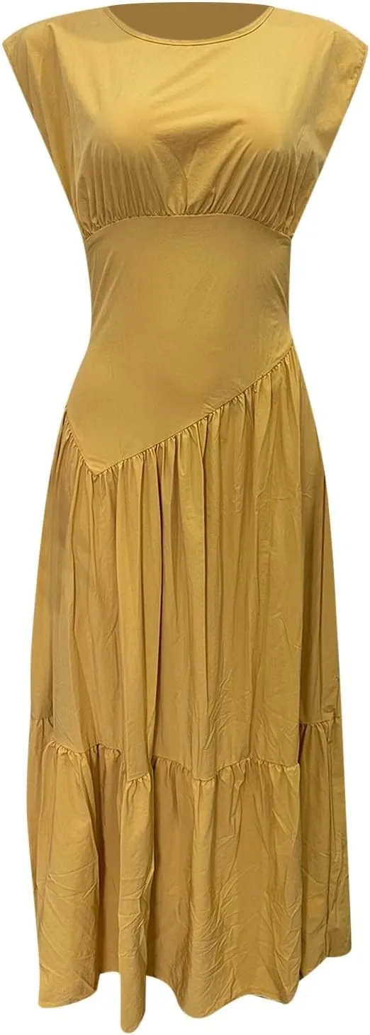 Womens Solid Round Neck Long Sleeved Patchwork Long Skirt is Fashionable and Womens Dresses with Short Sleeves
