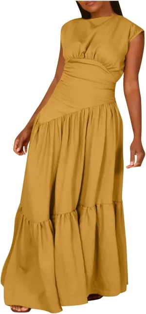 Womens Solid Round Neck Long Sleeved Patchwork Long Skirt is Fashionable and Womens Dresses with Short Sleeves