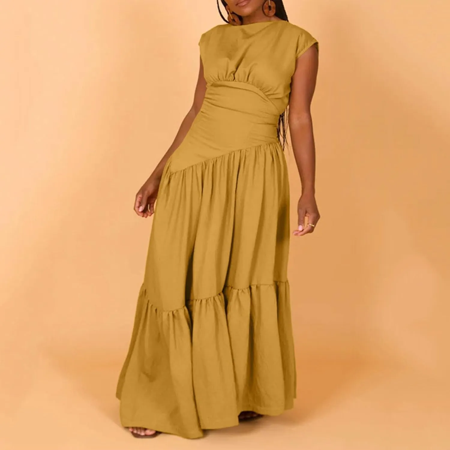 Womens Solid Round Neck Long Sleeved Patchwork Long Skirt is Fashionable and Womens Dresses with Short Sleeves