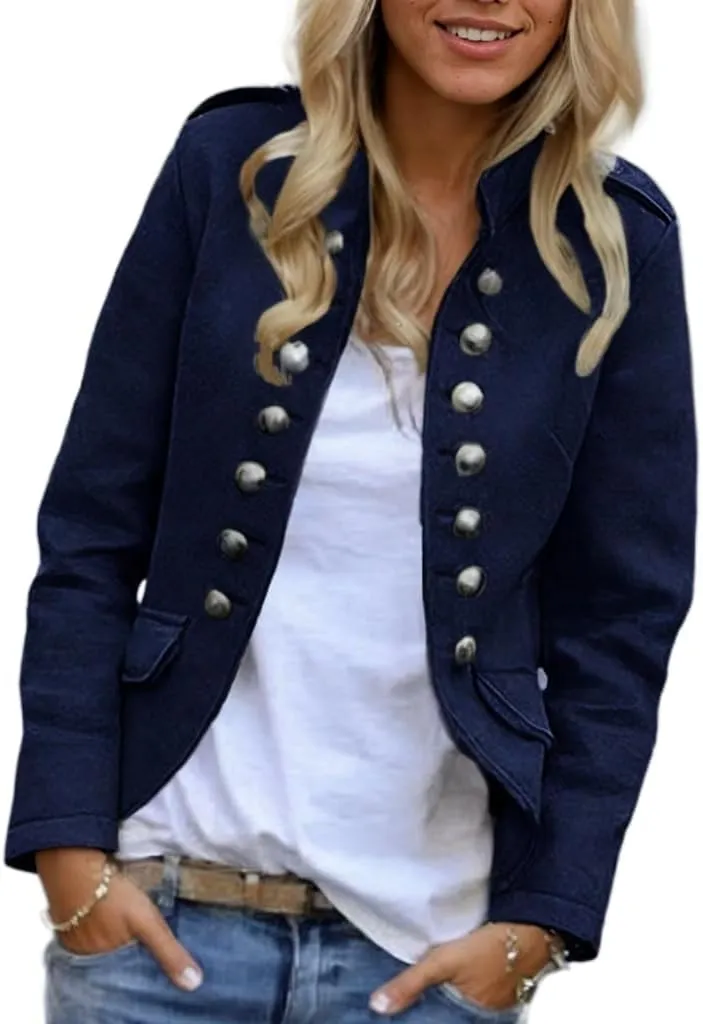Women's Spring Double Breasted Open Front Blazers Jacket Business Casual Lightweight Stand Collar Cropped Coat