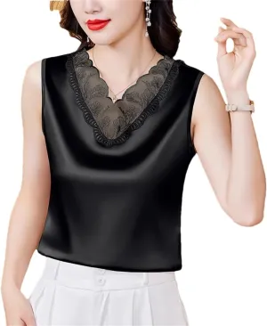 Women's Spring Summer Satin Camisole Shirt Sleeveless Tank Top for V-Neck Sexy Patchwork Lace Vest