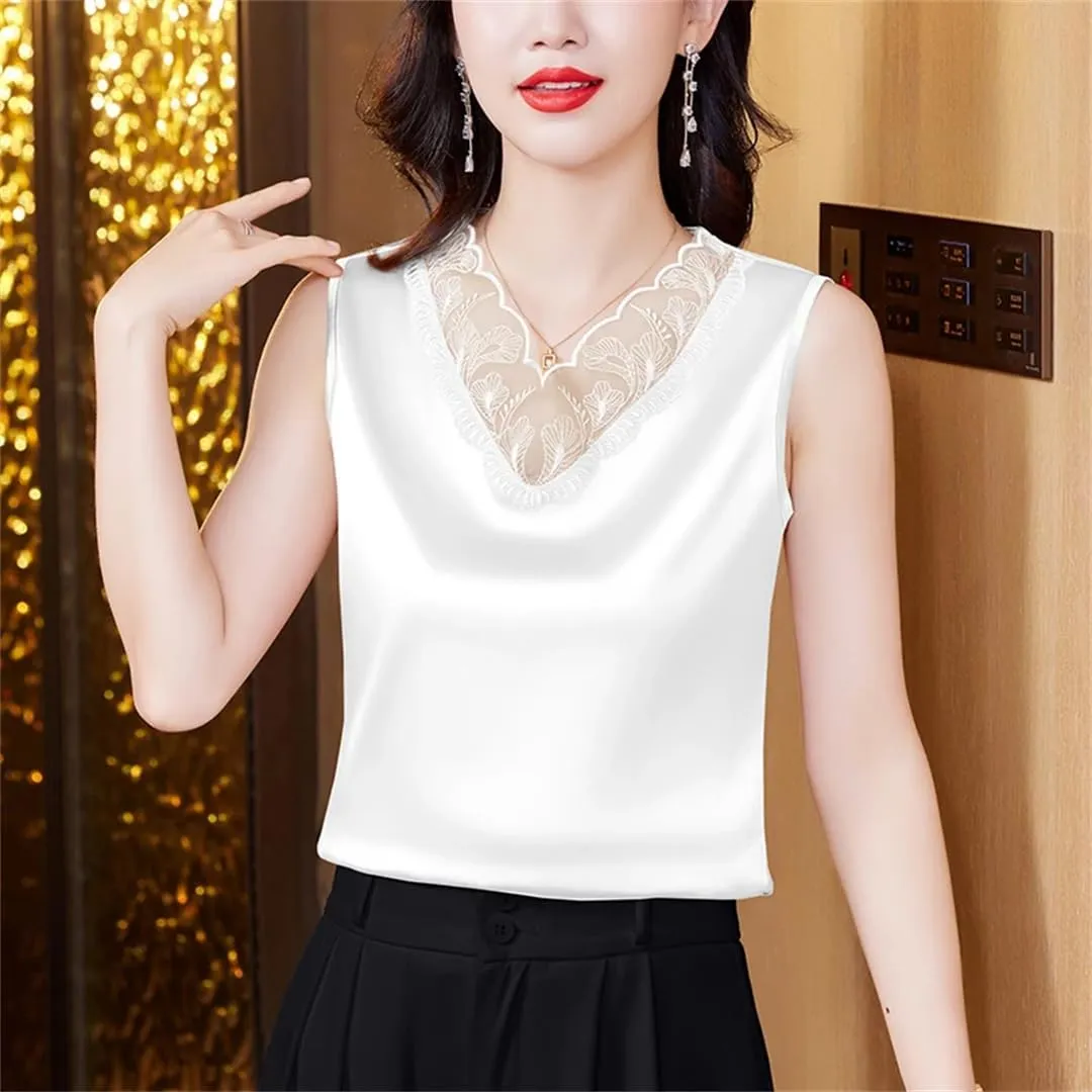 Women's Spring Summer Satin Camisole Shirt Sleeveless Tank Top for V-Neck Sexy Patchwork Lace Vest
