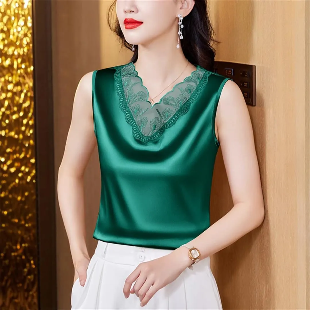 Women's Spring Summer Satin Camisole Shirt Sleeveless Tank Top for V-Neck Sexy Patchwork Lace Vest