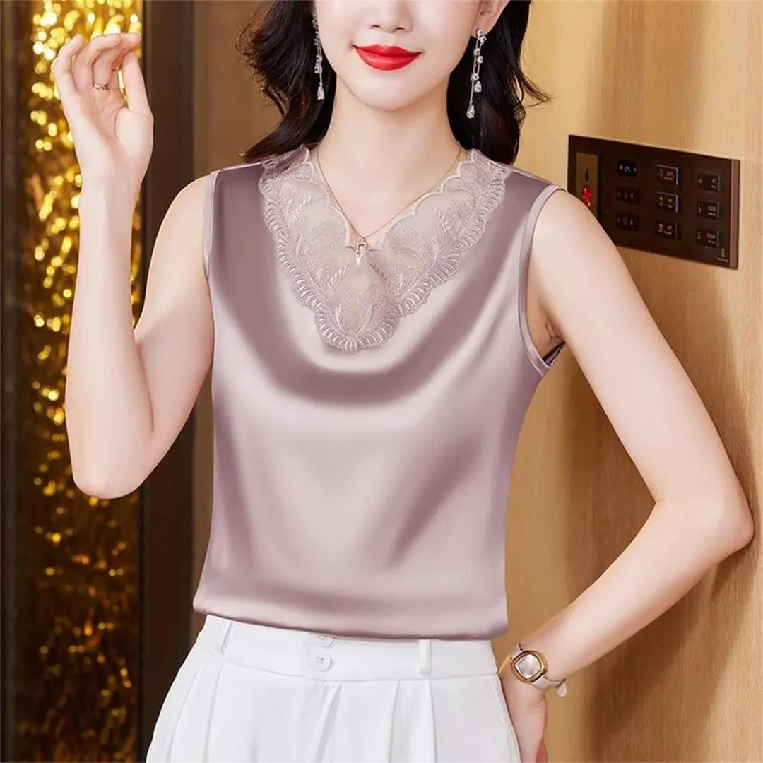 Women's Spring Summer Satin Camisole Shirt Sleeveless Tank Top for V-Neck Sexy Patchwork Lace Vest