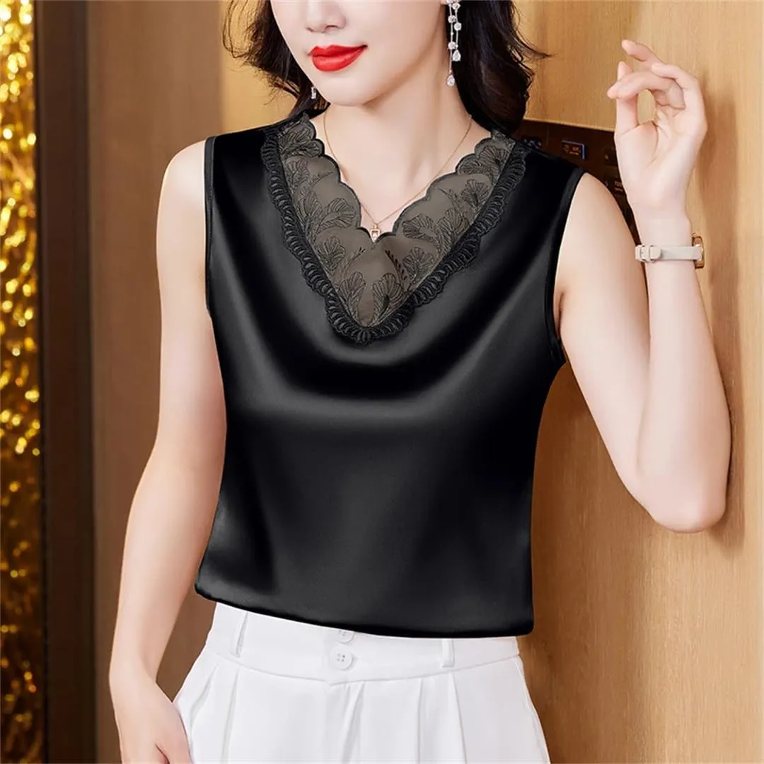 Women's Spring Summer Satin Camisole Shirt Sleeveless Tank Top for V-Neck Sexy Patchwork Lace Vest