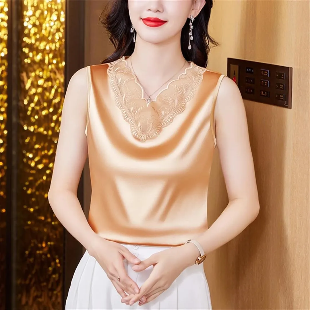 Women's Spring Summer Satin Camisole Shirt Sleeveless Tank Top for V-Neck Sexy Patchwork Lace Vest