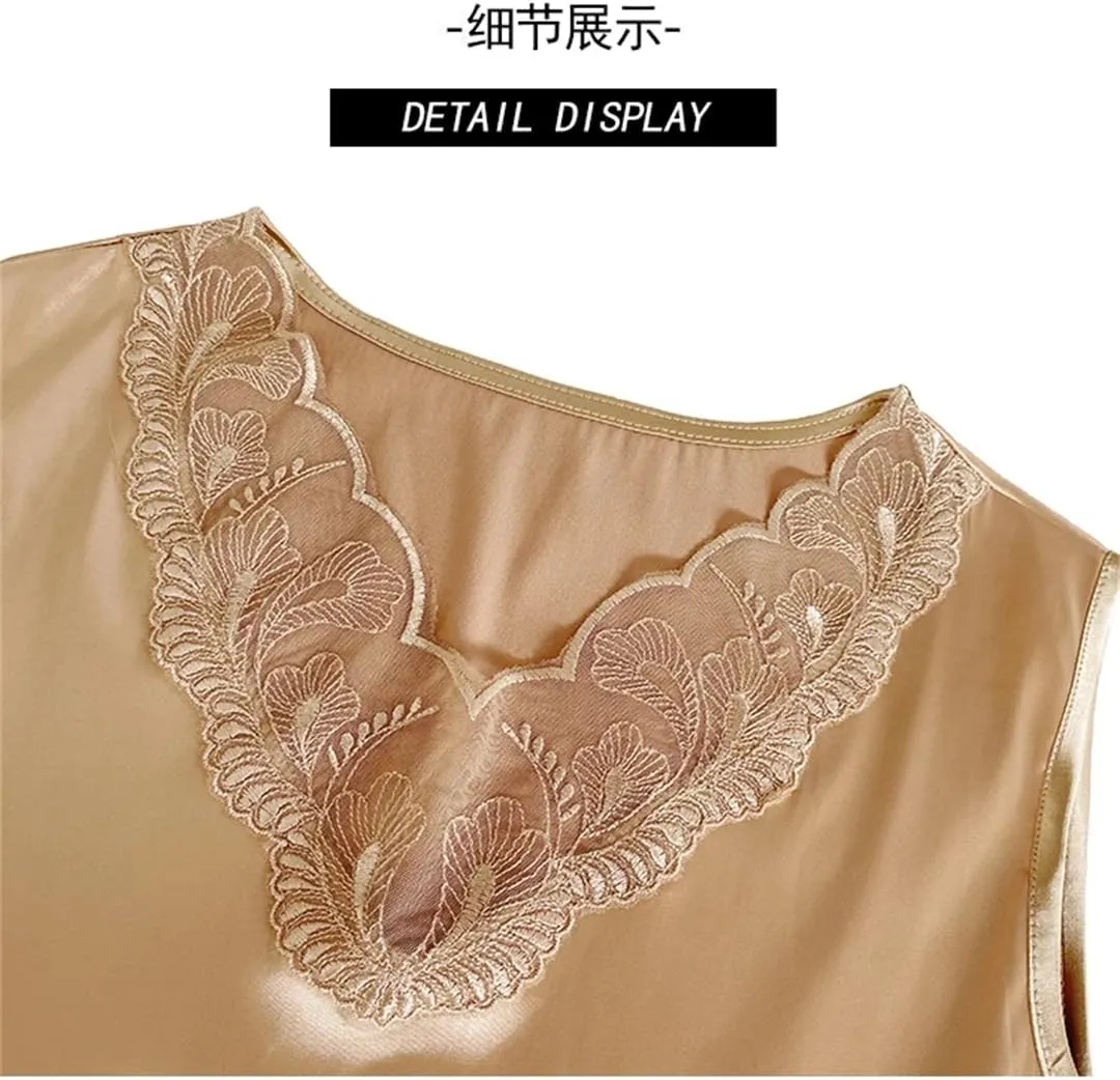 Women's Spring Summer Satin Camisole Shirt Sleeveless Tank Top for V-Neck Sexy Patchwork Lace Vest