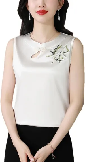 Women's Spring Summer Satin Camisole Slim Fit Sleeveless Retro Embroidered Vest Shirt