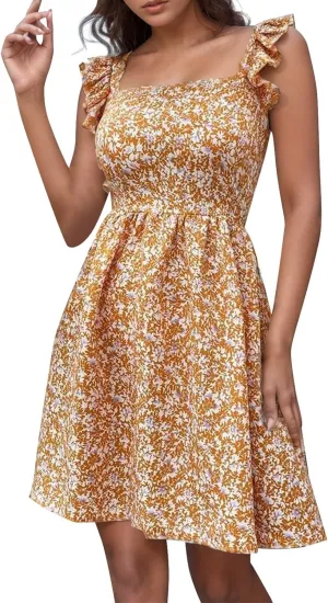 Womens Square Neck Ruffle Strap Mini Dresses 2024 Summer Beach Holiday Dress High Waist Tunic Floral Bohemia Elegant Sundress