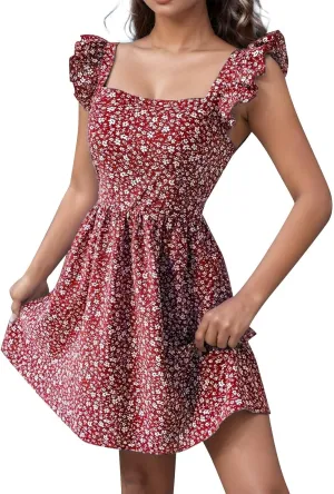 Womens Square Neck Ruffle Strap Mini Dresses 2024 Summer Beach Holiday Dress High Waist Tunic Floral Bohemia Elegant Sundress