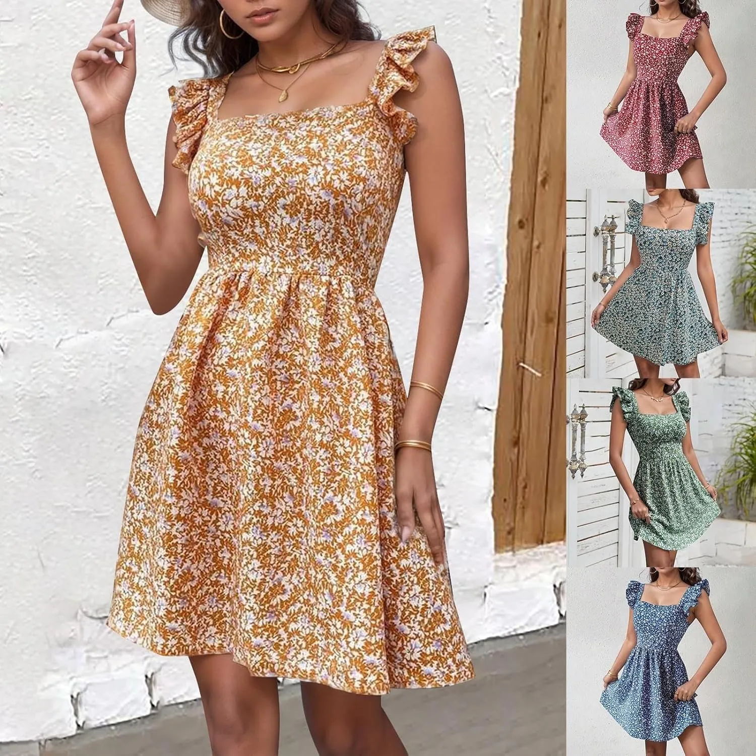Womens Square Neck Ruffle Strap Mini Dresses 2024 Summer Beach Holiday Dress High Waist Tunic Floral Bohemia Elegant Sundress